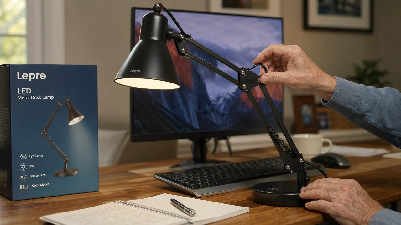 Close-up of a Lepro LED desk lamp arm positioned to the left of a monitor, light falling on the desk surface rather than the screen