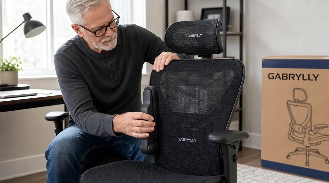 Close-up of a person adjusting the flip-up armrests on the GABRYLLY ergonomic chair
