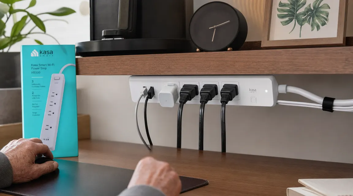 Kasa HS300 smart power strip with six outlets and three USB ports sitting on a desk shelf under a monitor