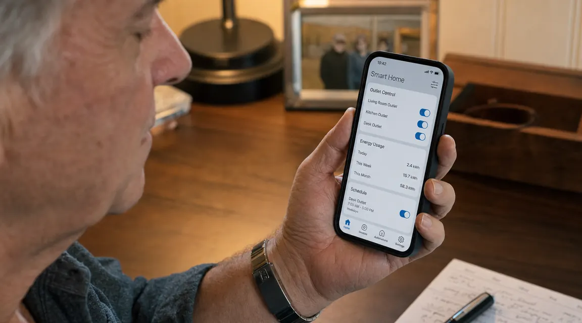 A phone showing the Kasa smart home app with individual outlet controls and energy usage on screen