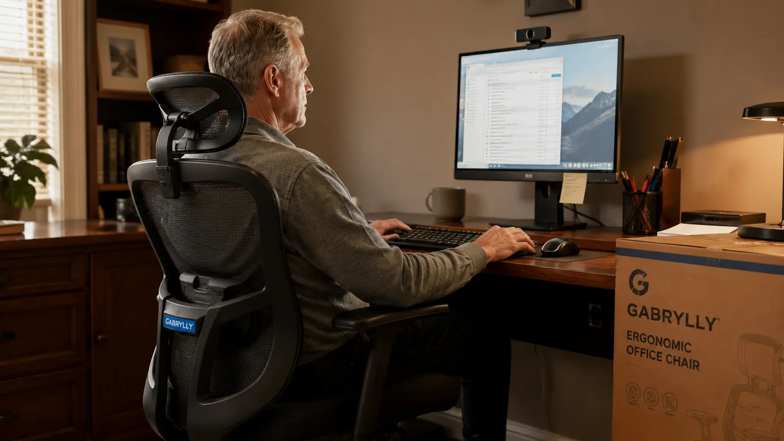 Person seated at a desk with armrests at elbow height, forearms level with the keyboard
