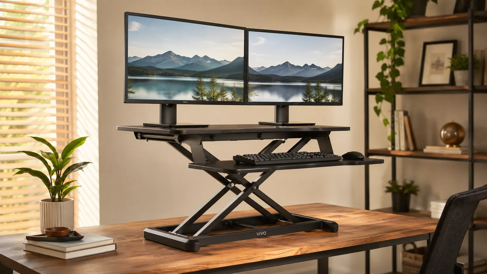 Person positioning a laptop on a sitting desk converter surface and measuring monitor distance with an outstretched arm