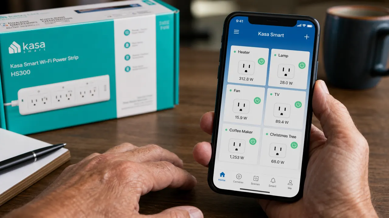 Smartphone screen showing the Kasa app with per-outlet energy usage readings for a home office