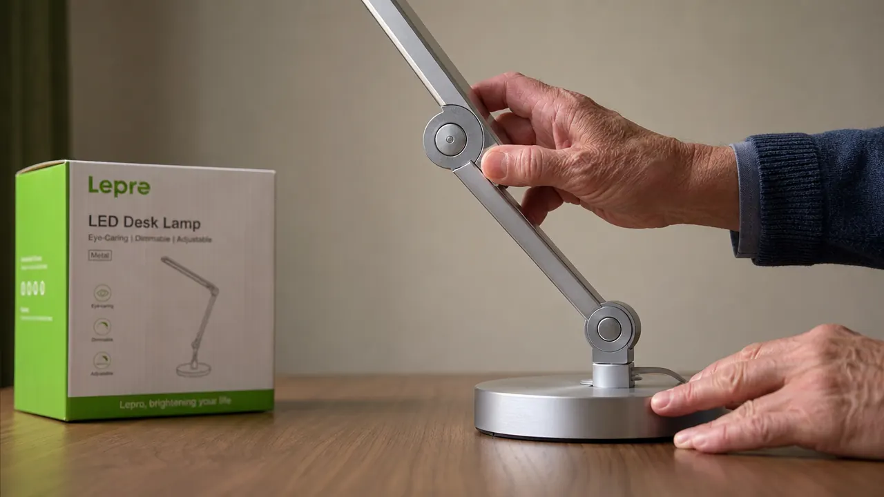 Close view of the Lepro desk lamp arm showing the two pivot points and the elbow hinge mechanism detail