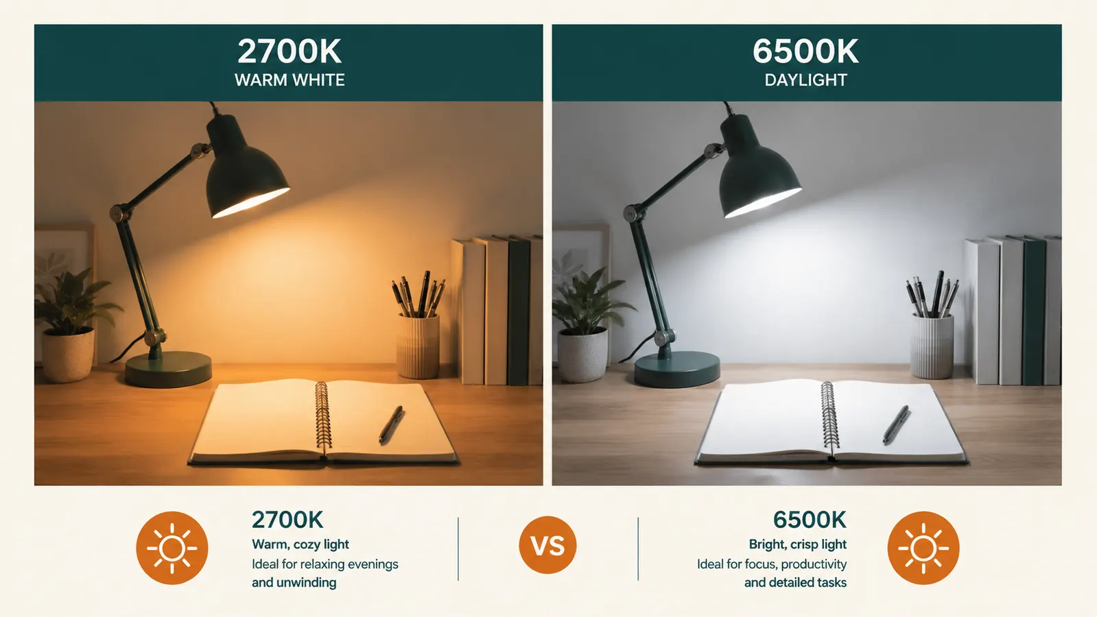Split comparison showing desk with lamp set to warm 2700K amber glow on the left versus cool 6500K daylight on the right, same notebook on each side