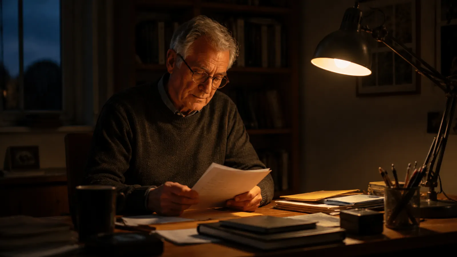 Person at a home office desk in dim evening light reading printed pages under a warm-set desk lamp, relaxed posture, bookshelves in background