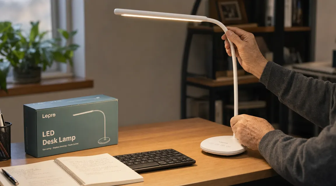 Lepro LED desk lamp positioned at a 45-degree angle over a notebook and keyboard on a wood-grain desk