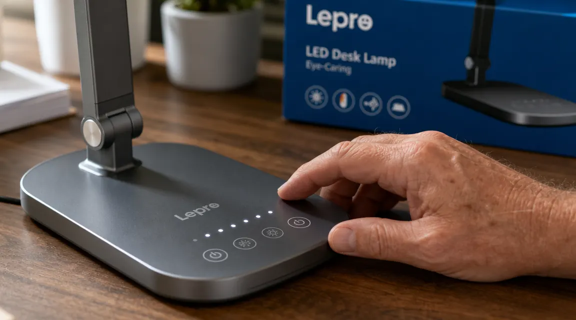 Close-up of the Lepro desk lamp's touch dimmer panel showing five brightness dots and five color temperature icons
