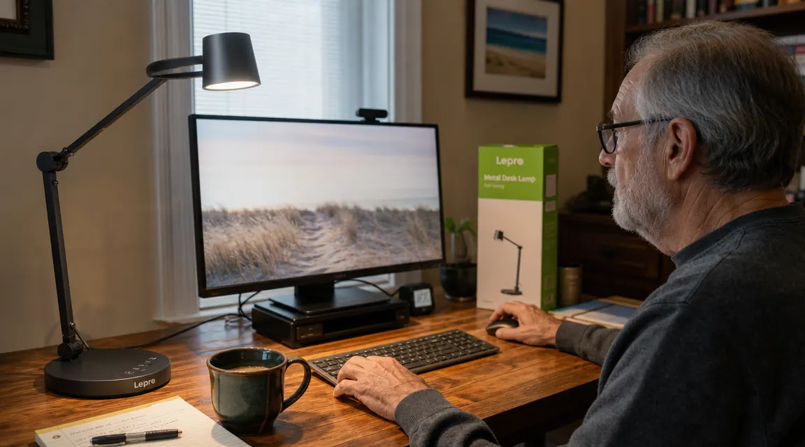 Lepro LED desk lamp on a wooden desk next to a keyboard and coffee mug, lit in warm white mode