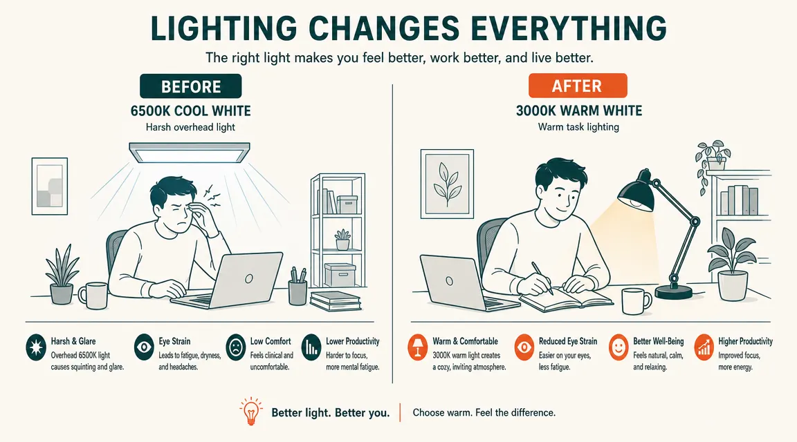 Comparison chart showing harsh cool-white light versus warm soft light at a desk, illustrating eye strain difference