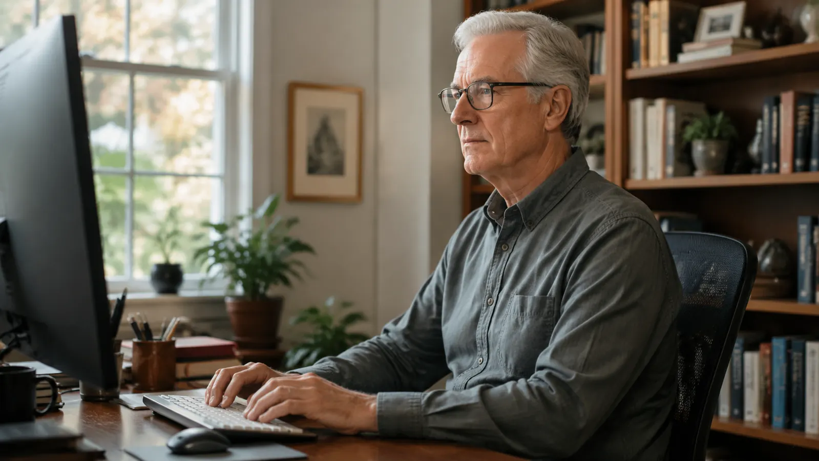 Man standing at a raised desk converter with correct posture, elbows at roughly ninety degrees, monitor at eye level