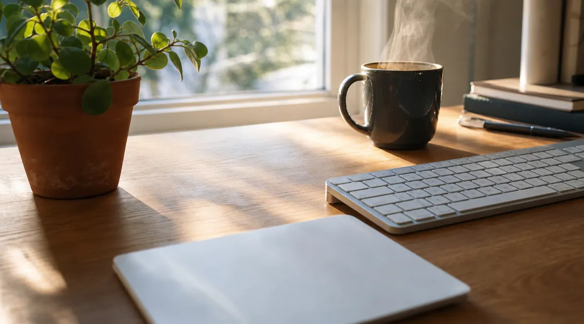A man standing at a raised desk converter working on a laptop, relaxed posture, home office background