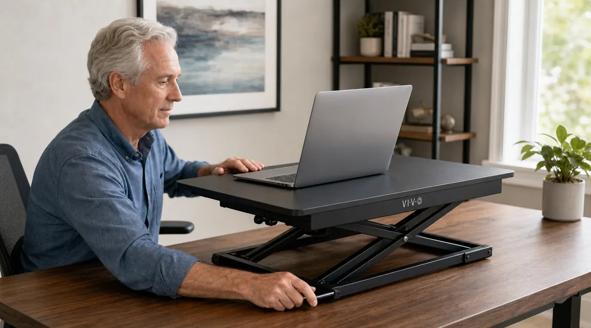 Man adjusting the height of a VIVO desk converter while standing at his home office desk