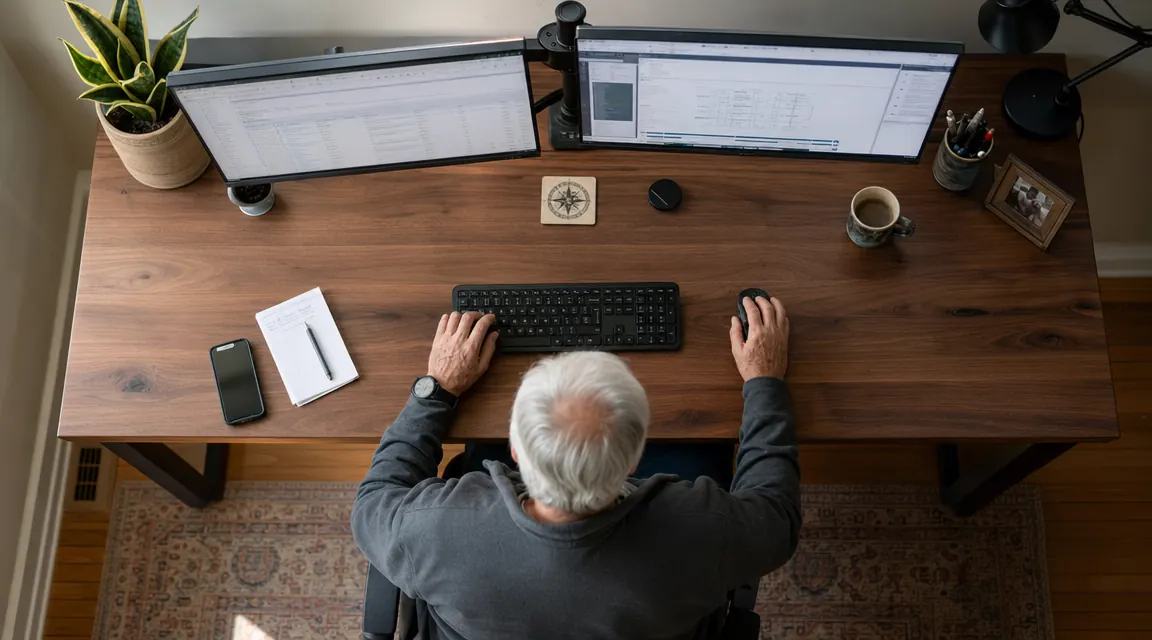 Home office desk from above showing cable channels routed through monitor arm, no loose cables on desk surface